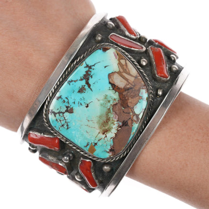 7" AUT Sterling turquoise and coral heavy cuff bracelet - Estate Fresh Austin