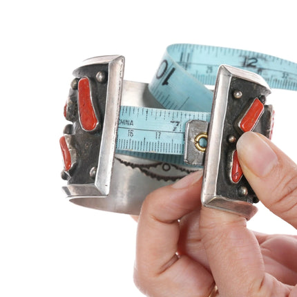 7" AUT Sterling turquoise and coral heavy cuff bracelet - Estate Fresh Austin