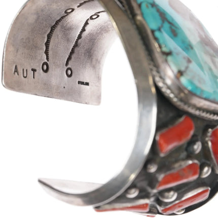 7" AUT Sterling turquoise and coral heavy cuff bracelet - Estate Fresh Austin