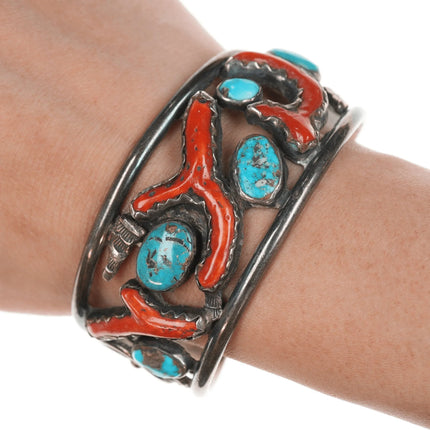 7" Bobby Lujan Taos Pueblo (1922-2012) Sterling, turquoise, and branch coral cuff bracelet - Estate Fresh Austin