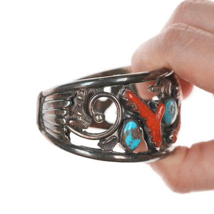 7" Bobby Lujan Taos Pueblo (1922-2012) Sterling, turquoise, and branch coral cuff bracelet - Estate Fresh Austin