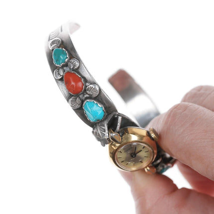 7" c1950's Women's Zuni Sterling coral, and turquoise watch cuff bracelet - Estate Fresh Austin