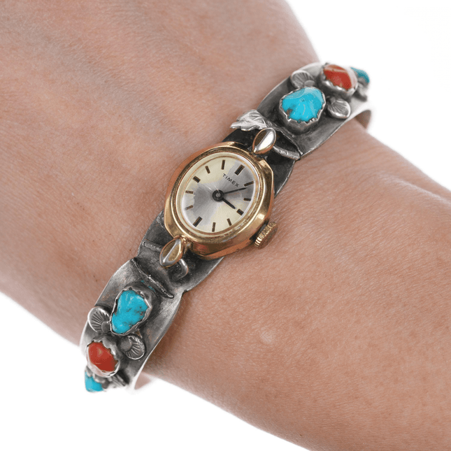 7" c1950's Women's Zuni Sterling coral, and turquoise watch cuff bracelet - Estate Fresh Austin