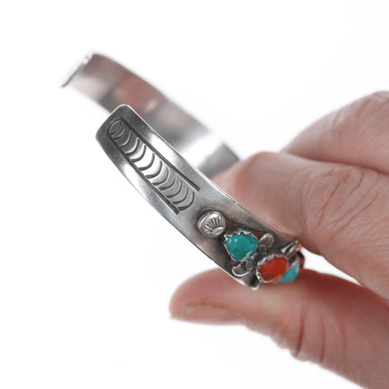 7" c1950's Women's Zuni Sterling coral, and turquoise watch cuff bracelet - Estate Fresh Austin