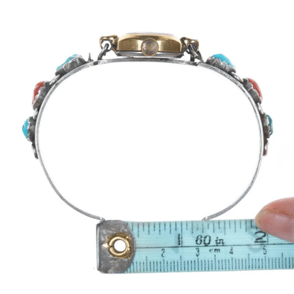 7" c1950's Women's Zuni Sterling coral, and turquoise watch cuff bracelet - Estate Fresh Austin