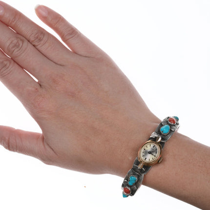 7" c1950's Women's Zuni Sterling coral, and turquoise watch cuff bracelet - Estate Fresh Austin