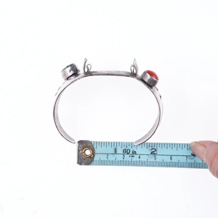 7" c1960 Navajo Overlay style sterling, turquoise, and coral watch bracelet - Estate Fresh Austin