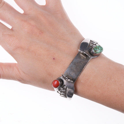 7" c1960 Navajo Overlay style sterling, turquoise, and coral watch bracelet - Estate Fresh Austin