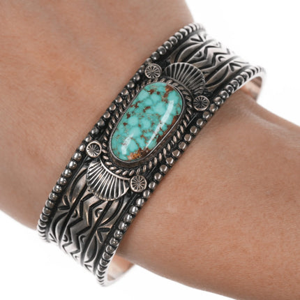 7" Charles Johnson Navajo sterling cuff bracelet with nice turquoise - Estate Fresh Austin