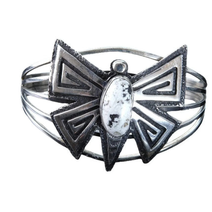 7" Charles Johnson Navajo Sterling White Buffalo Overlay Butterfly Bracelet - Estate Fresh Austin