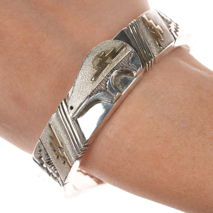 7" Heavy 14k/Sterling Jefferson Brown heartline bear Navajo cuff bracelet - Estate Fresh Austin