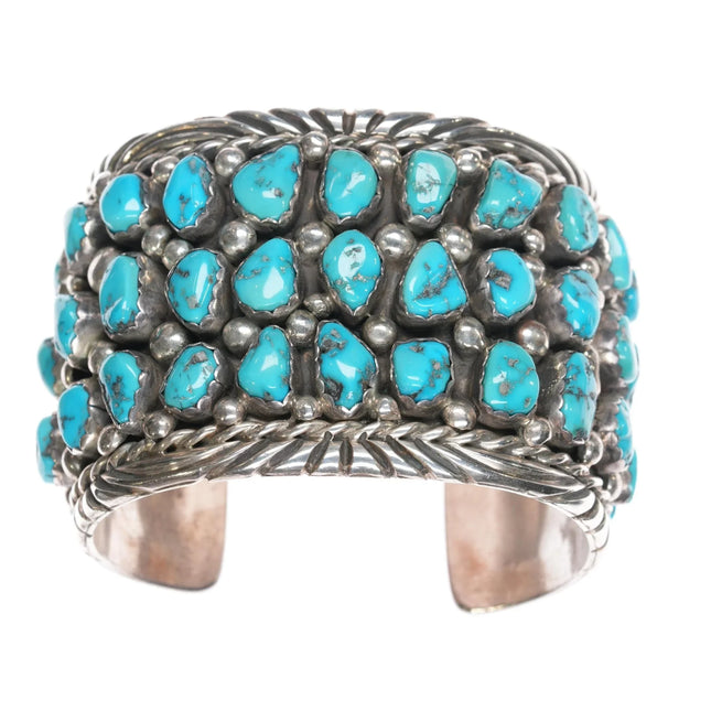 7" Huge 60's-70's Navajo sterling turquoise cluster cuff bracelet - Estate Fresh Austin
