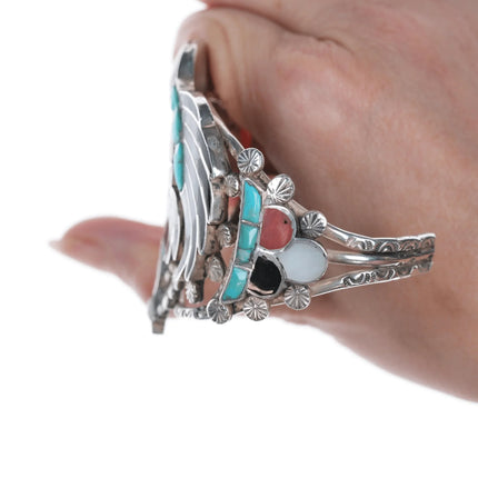 7" John Lucio Zuni Eagle Dancer Channel inlay silver cuff bracelet - Estate Fresh Austin