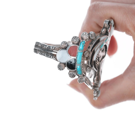 7" John Lucio Zuni Eagle Dancer Channel inlay silver cuff bracelet - Estate Fresh Austin