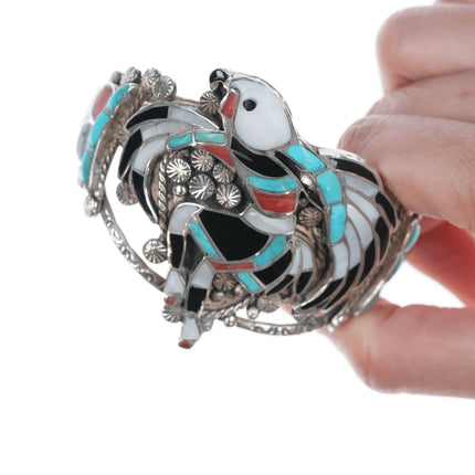 7" John Lucio Zuni Eagle Dancer Channel inlay silver cuff bracelet - Estate Fresh Austin