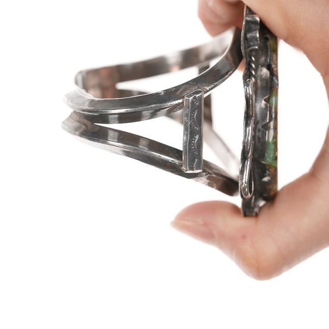 7" Large 50's-60's Navajo silver and green turquoise cuff bracelet - Estate Fresh Austin