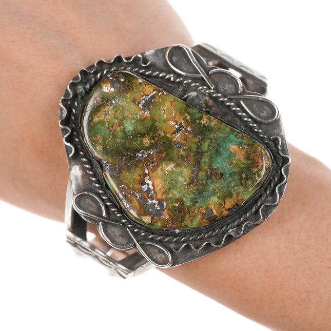 7" Large 50's-60's Navajo silver and green turquoise cuff bracelet - Estate Fresh Austin