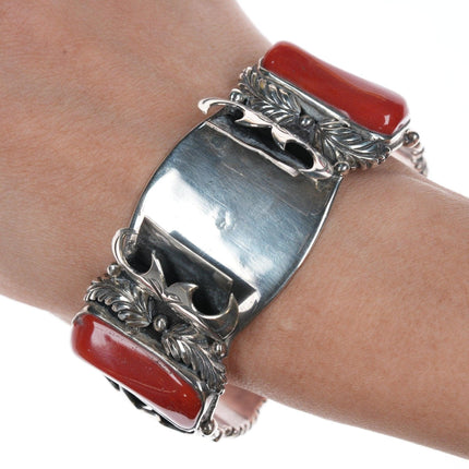 7" Native American Sterling silver Mediterranean Coral Watch Cuff bracelet - Estate Fresh Austin