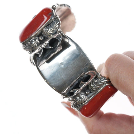 7" Native American Sterling silver Mediterranean Coral Watch Cuff bracelet - Estate Fresh Austin