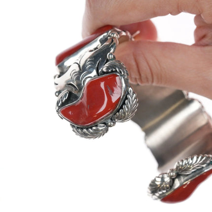 7" Native American Sterling silver Mediterranean Coral Watch Cuff bracelet - Estate Fresh Austin