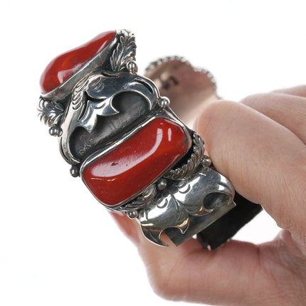 7" Native American Sterling silver Mediterranean Coral Watch Cuff bracelet - Estate Fresh Austin