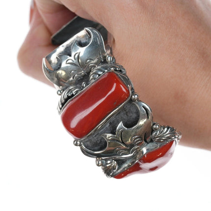 7" Native American Sterling silver Mediterranean Coral Watch Cuff bracelet - Estate Fresh Austin