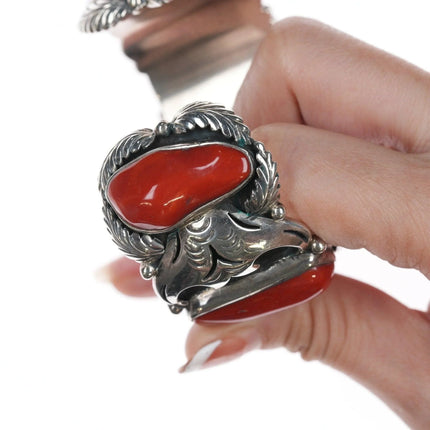 7" Native American Sterling silver Mediterranean Coral Watch Cuff bracelet - Estate Fresh Austin