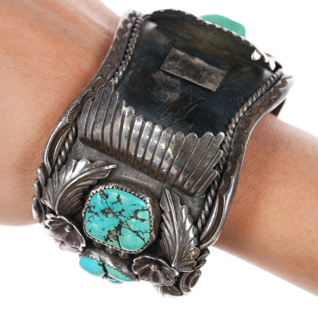 7" Navajo wide sterling watch cuff bracelet w/turquoise - Estate Fresh Austin