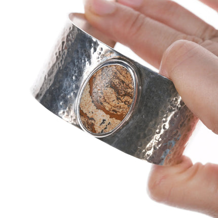 7" Retro Hammered Sterling and jasper cuff bracelet - Estate Fresh Austin