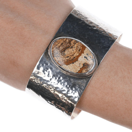 7" Retro Hammered Sterling and jasper cuff bracelet - Estate Fresh Austin