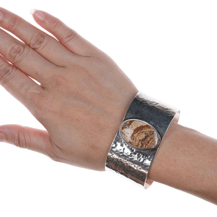 7" Retro Hammered Sterling and jasper cuff bracelet - Estate Fresh Austin