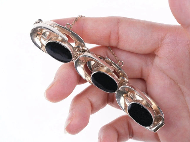 7" Retro Modernist mexican sterling and onyx bracelet - Estate Fresh Austin