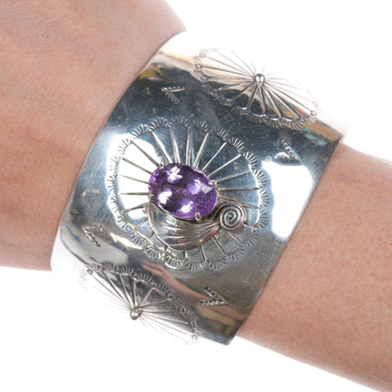 7" Southwestern Sterling and Amethyst wide cuff bracelet - Estate Fresh Austin