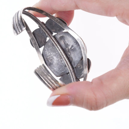 7" Vintage Heavy stamped silver green spiderweb turquoise bracelet - Estate Fresh Austin