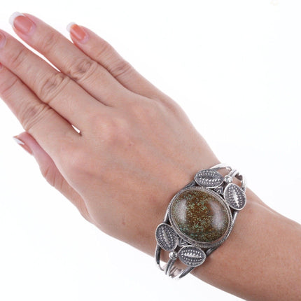 7" Vintage Heavy stamped silver green spiderweb turquoise bracelet - Estate Fresh Austin