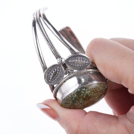 7" Vintage Heavy stamped silver green spiderweb turquoise bracelet - Estate Fresh Austin