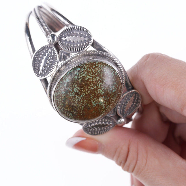 7" Vintage Heavy stamped silver green spiderweb turquoise bracelet - Estate Fresh Austin