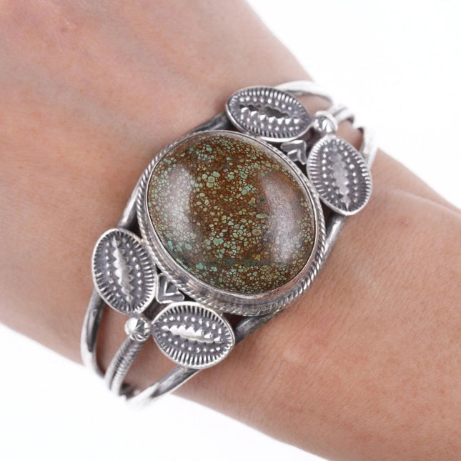 7" Vintage Heavy stamped silver green spiderweb turquoise bracelet - Estate Fresh Austin