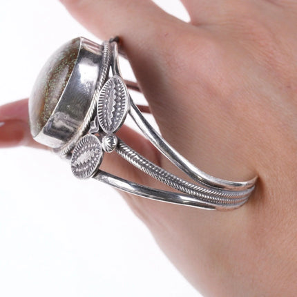 7" Vintage Heavy stamped silver green spiderweb turquoise bracelet - Estate Fresh Austin