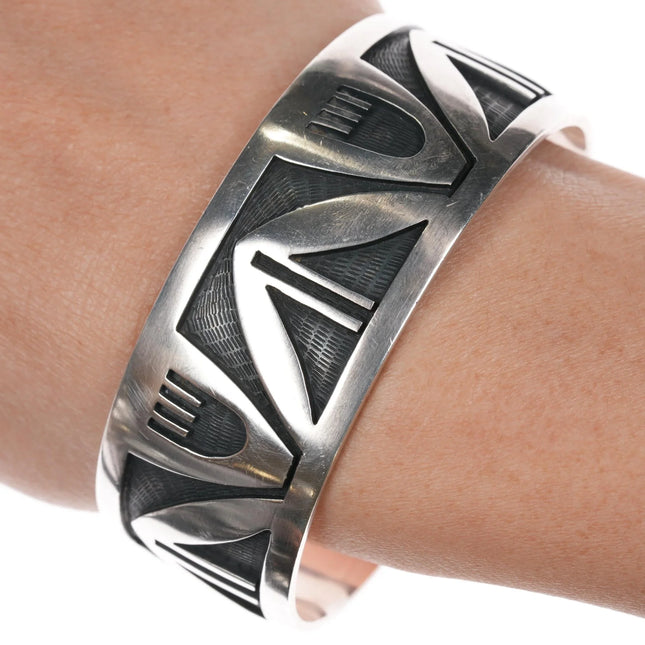 7" Roy Tawahongva hopi overlay cuff bracelet with rainclouds sterling - Estate Fresh Austin