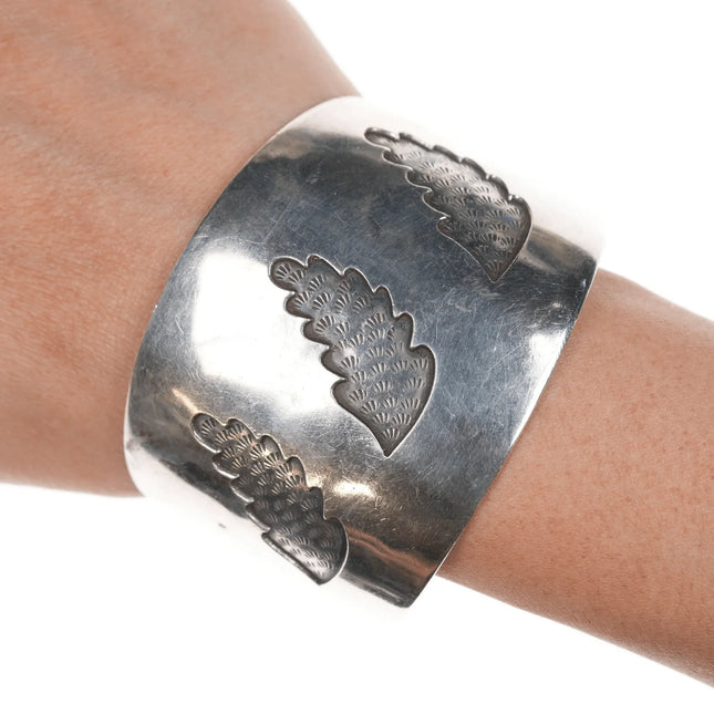7" Vintage Native American silver overlay style leaf decorated cuff bracelet - Estate Fresh Austin