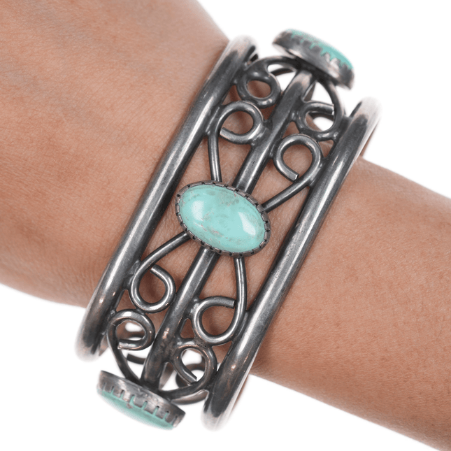 7" Vintage Native American silver twisted wire cuff bracelet with turquoise - Estate Fresh Austin