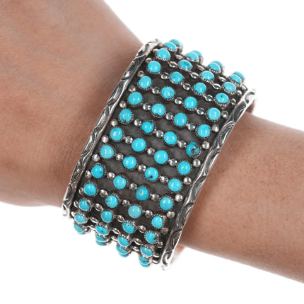 7" Vintage Native American Snake Eye Turquosie silver cuff bracelet with stamped sides - Estate Fresh Austin