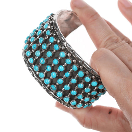 7" Vintage Native American Snake Eye Turquosie silver cuff bracelet with stamped sides - Estate Fresh Austin