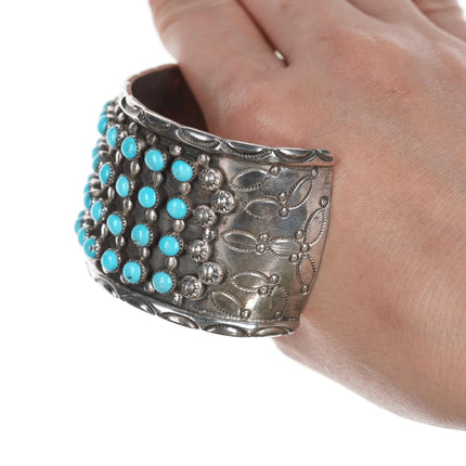 7" Vintage Native American Snake Eye Turquosie silver cuff bracelet with stamped sides - Estate Fresh Austin