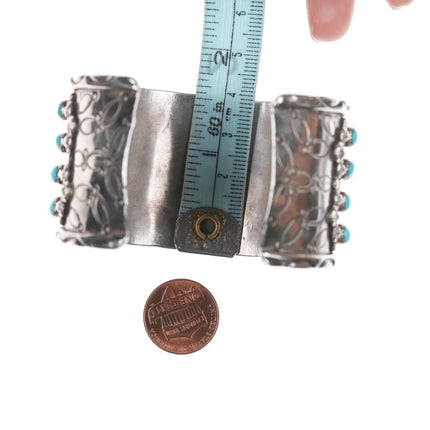7" Vintage Native American Snake Eye Turquosie silver cuff bracelet with stamped sides - Estate Fresh Austin