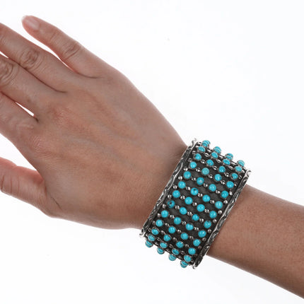 7" Vintage Native American Snake Eye Turquosie silver cuff bracelet with stamped sides - Estate Fresh Austin
