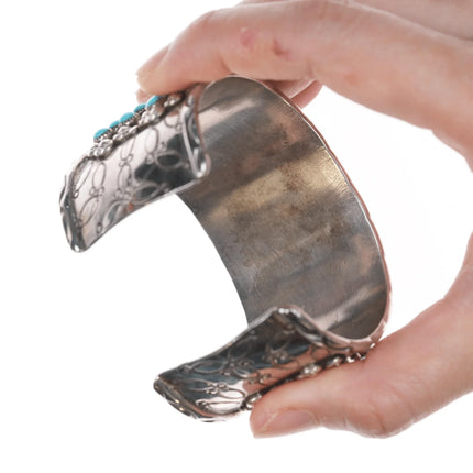 7" Vintage Native American Snake Eye Turquosie silver cuff bracelet with stamped sides - Estate Fresh Austin