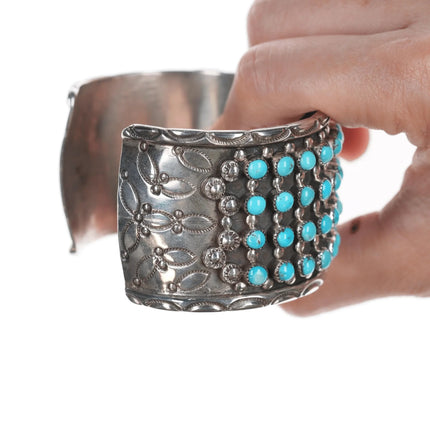 7" Vintage Native American Snake Eye Turquosie silver cuff bracelet with stamped sides - Estate Fresh Austin