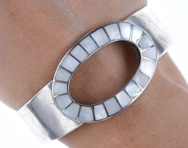 7" Vintage Native American sterling Channel inlay mother of pearl bracelet - Estate Fresh Austin